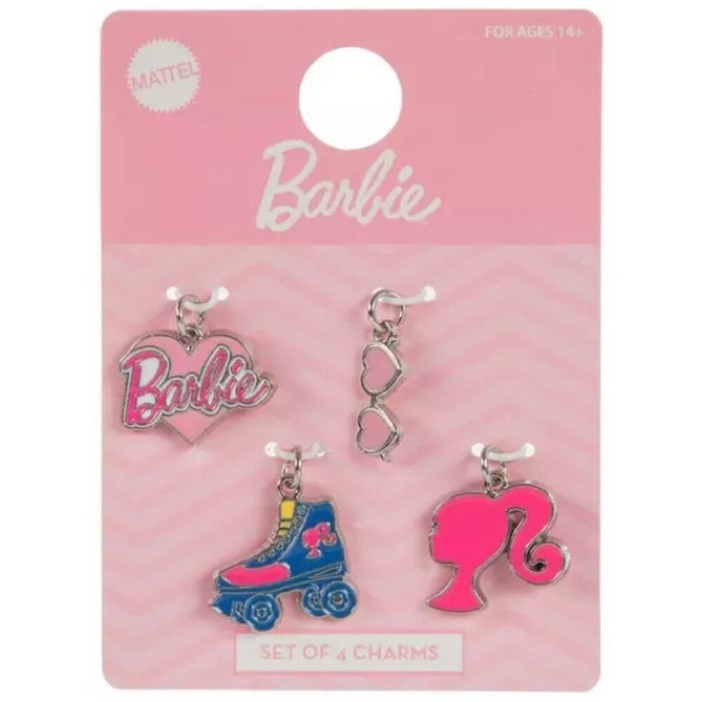 New 4 Barbie Charm Set - Pink & Blue Roller Skate, Silhouette, Logo, Heart Glass